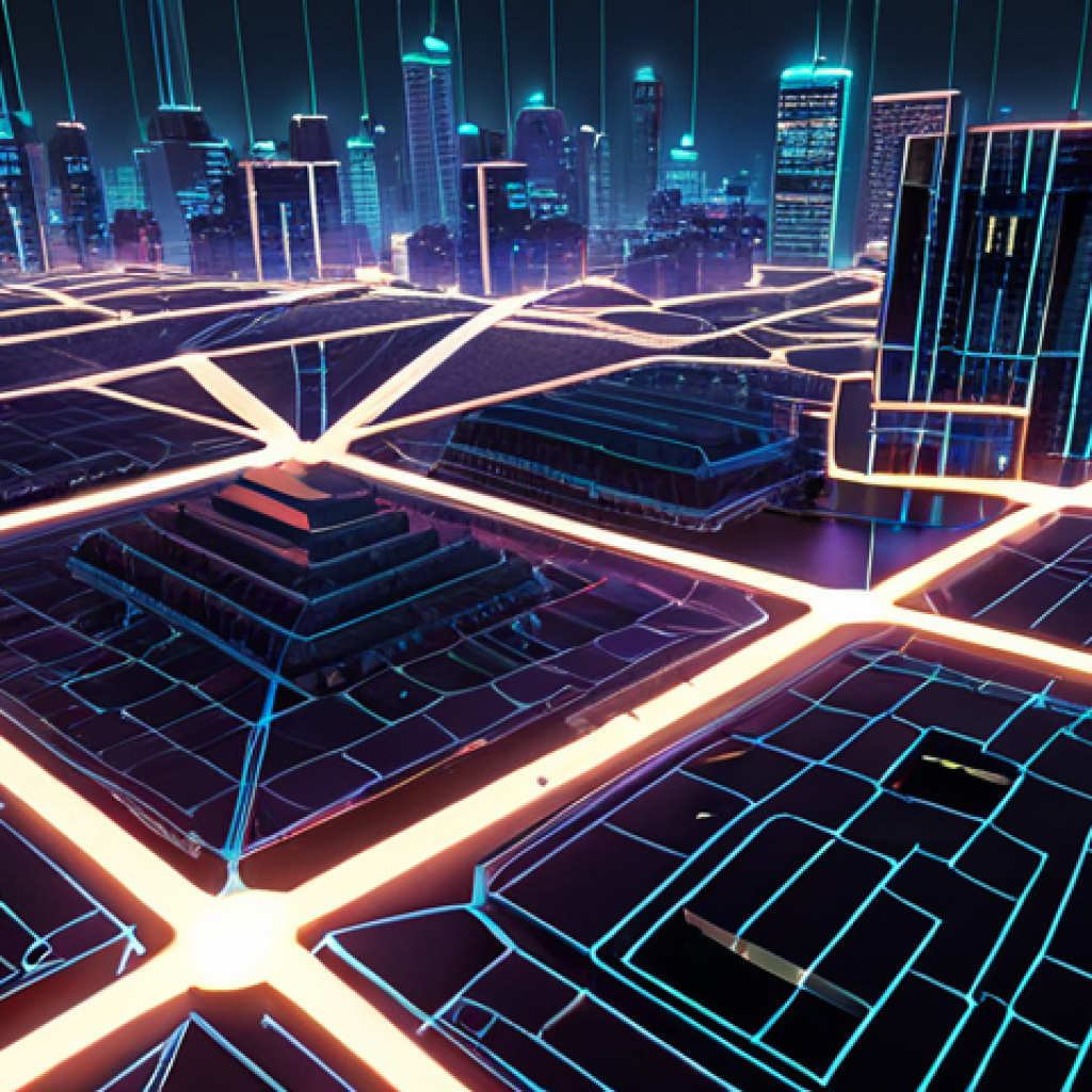 **

*   **Prompt:** A futuristic cityscape with glowing blockchain networks overlaid, highlighting DeFi and NFT applications. Focus on modern architecture intertwined with digital elements, showing technological innovation driving the digital asset market.

**