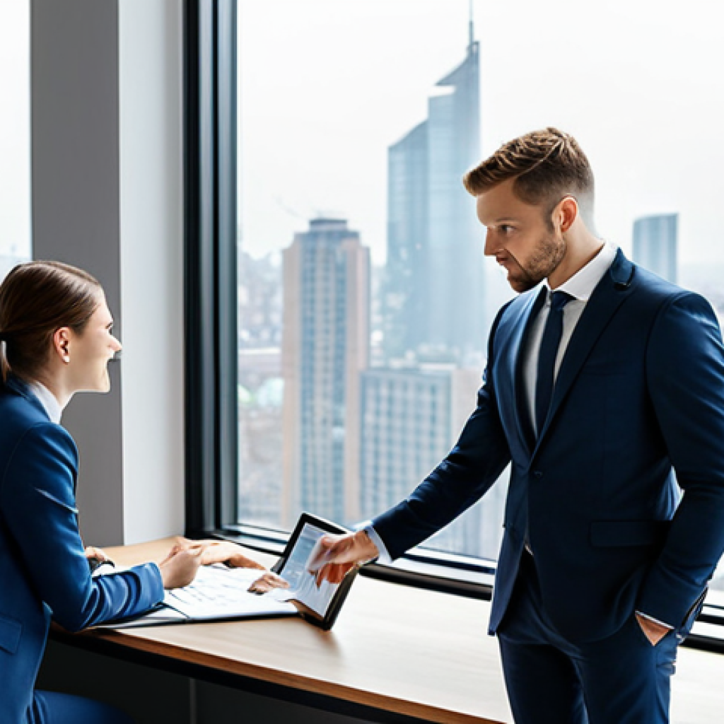 ** A professional financial advisor, fully clothed in a tailored business suit and sensible shoes, is meeting with a young couple in a bright and modern office. The office features a large window overlooking a cityscape. They are reviewing charts and graphs on a tablet, discussing investment options. safe for work, appropriate content, family-friendly, perfect anatomy, correct proportions, natural pose, professional photography, high quality.
**