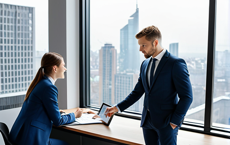 ** A professional financial advisor, fully clothed in a tailored business suit and sensible shoes, is meeting with a young couple in a bright and modern office. The office features a large window overlooking a cityscape. They are reviewing charts and graphs on a tablet, discussing investment options. safe for work, appropriate content, family-friendly, perfect anatomy, correct proportions, natural pose, professional photography, high quality.
**