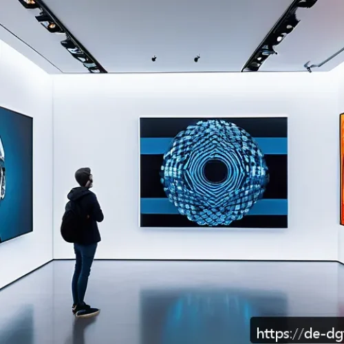 Home 33 디지털 아트 시장에서의 희소성 - A sleek, futuristic digital art gallery interior showcasing limited edition digital artworks display...