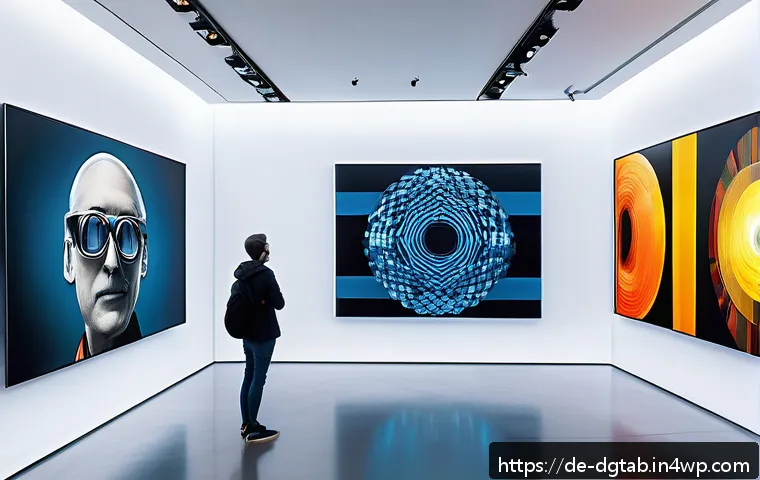 디지털 아트 시장에서의 희소성 - A sleek, futuristic digital art gallery interior showcasing limited edition digital artworks display...